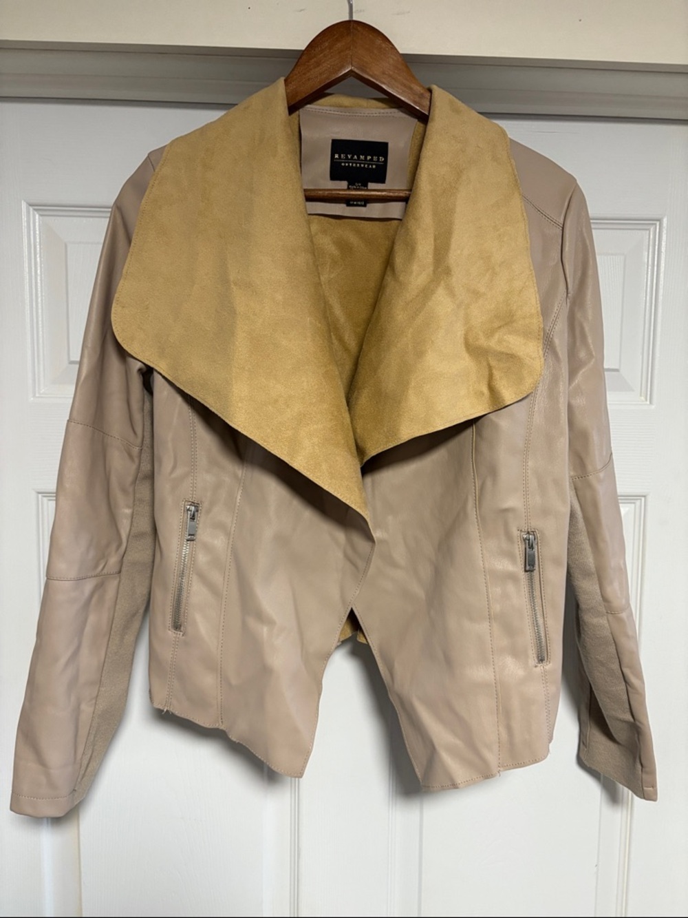 Revamped Taupe Leather Jacket with Mustard Suede Collar